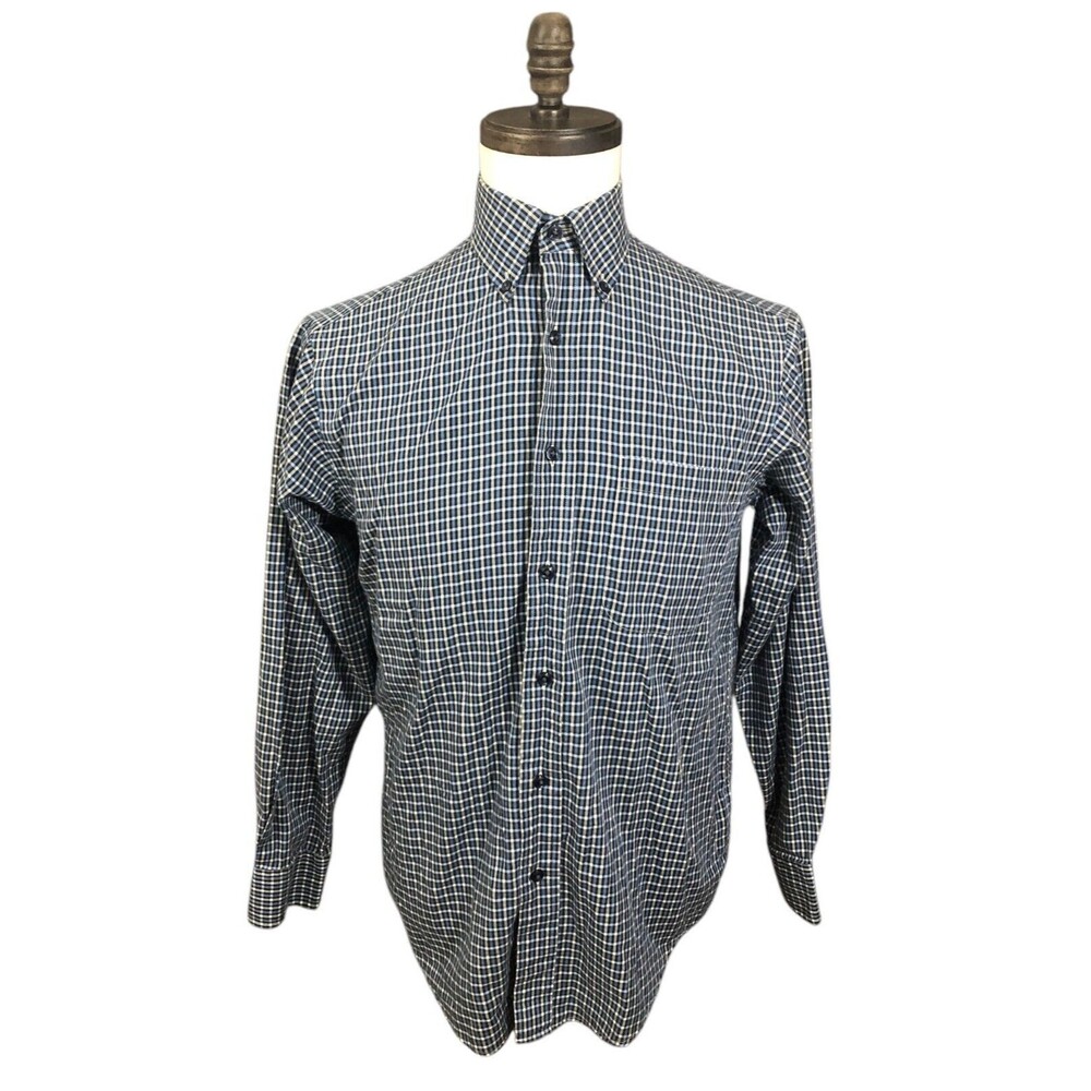 RoundTree Yorke Button Down Shirt Mens Blue And White Plaid Small 100% Cotton